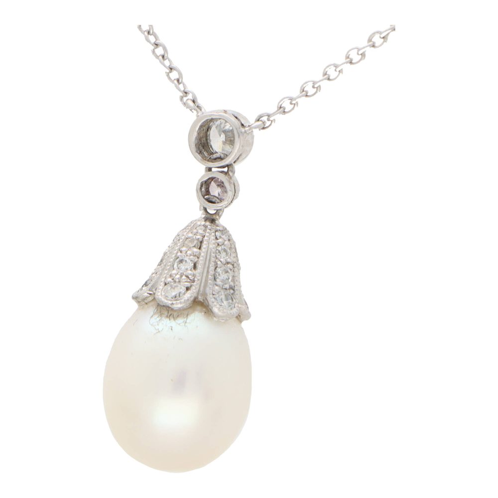 Contemporary Pearl and Diamond Pendant Necklace in White Gold