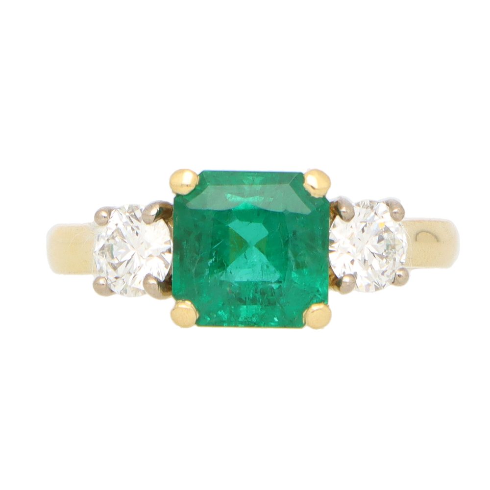 GIA Certified Emerald and Diamond Three Stone Ring