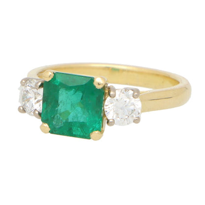 GIA Certified Emerald and Diamond Three Stone Ring