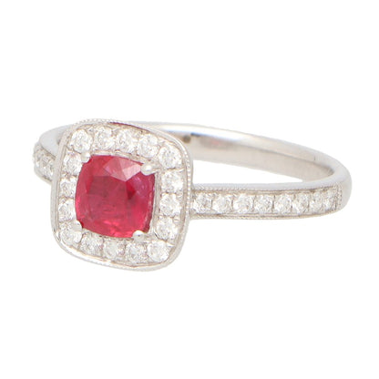 Ruby and Diamond Cushion Cluster Engagement Ring