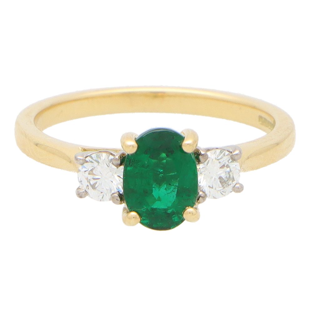 Emerald and Diamond Three Stone Engagement Ring, 0.88ct