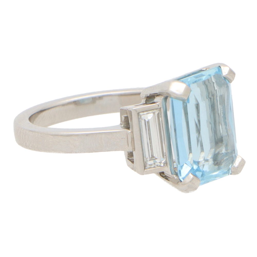 3.80ct Emerald Cut Aquamarine and Baguette Diamond Trilogy Ring in Platinum