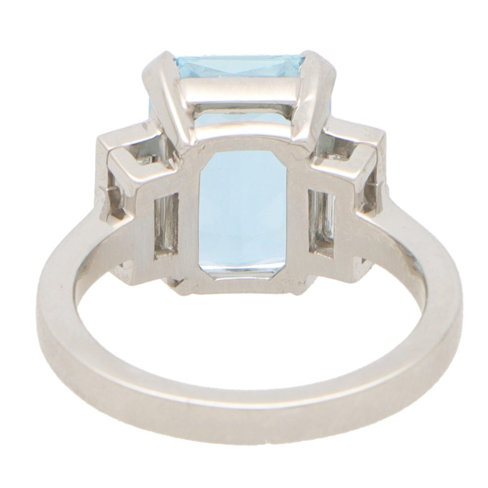 3.80ct Emerald Cut Aquamarine and Baguette Diamond Trilogy Ring in Platinum