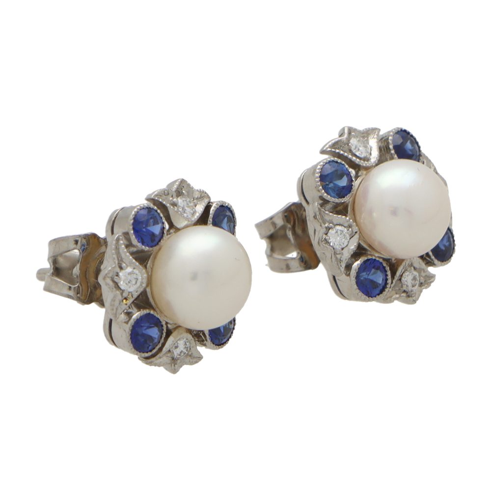 Sapphire Diamond and Pearl Cluster Stud Earrings