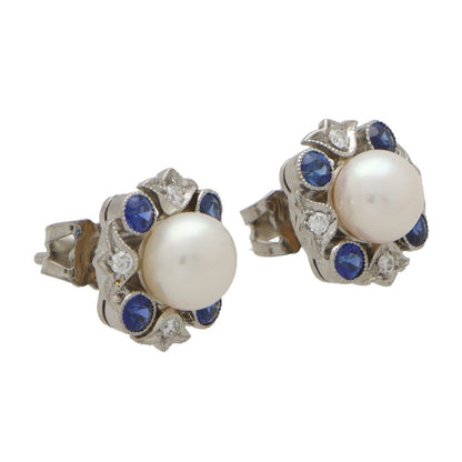 Sapphire Diamond and Pearl Cluster Stud Earrings