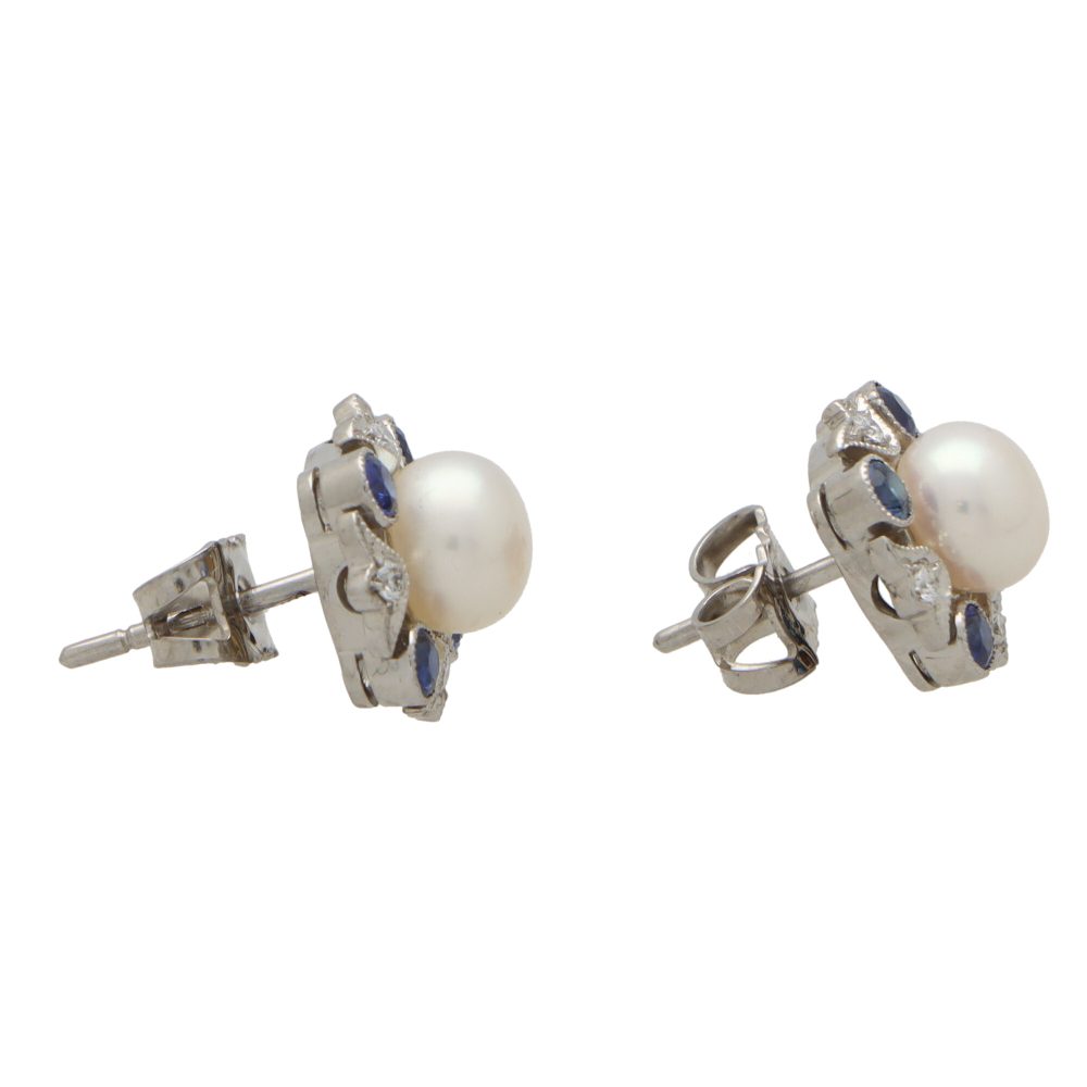 Sapphire Diamond and Pearl Cluster Stud Earrings
