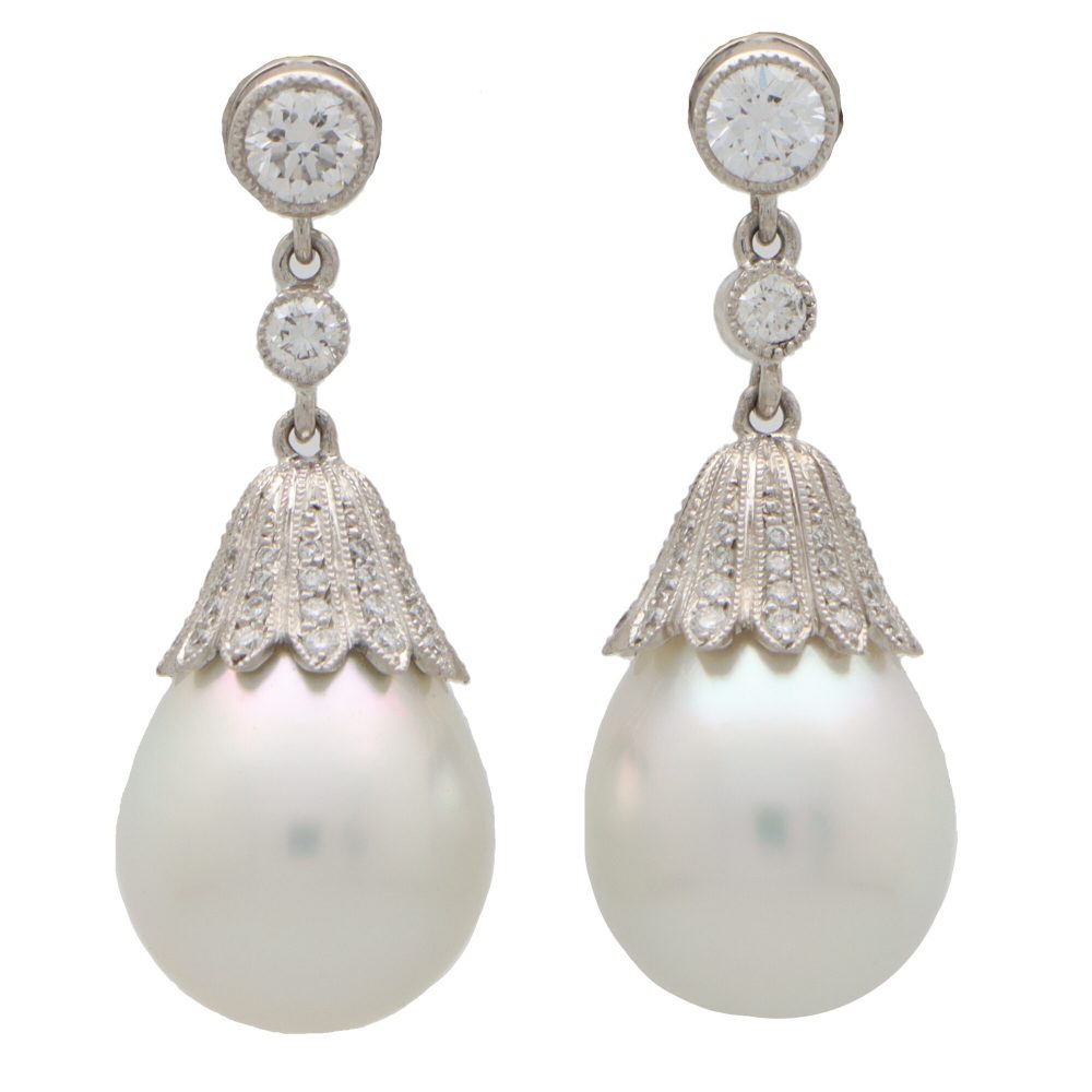 Art Deco Inspired Akoya Pearl and Diamond Drop Earrings