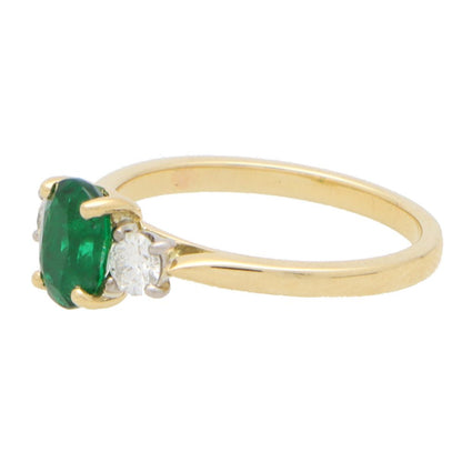 Emerald and Diamond Three Stone Engagement Ring, 0.88ct