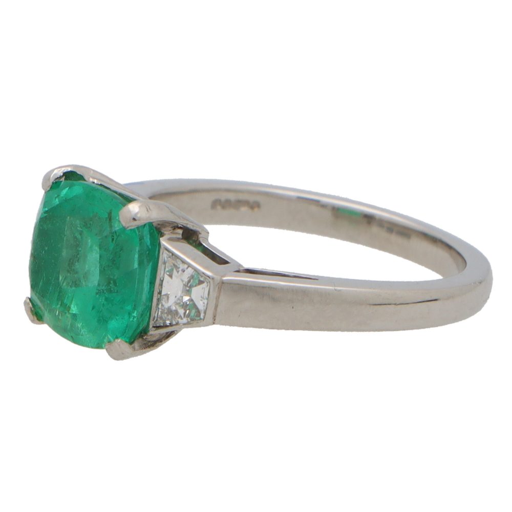 Vintage Emerald and Diamond Three Stone Engagement Ring, cushion cut emerald and diamond trilogy ring set in platinum. Emerald 2.50cts -3.00cts