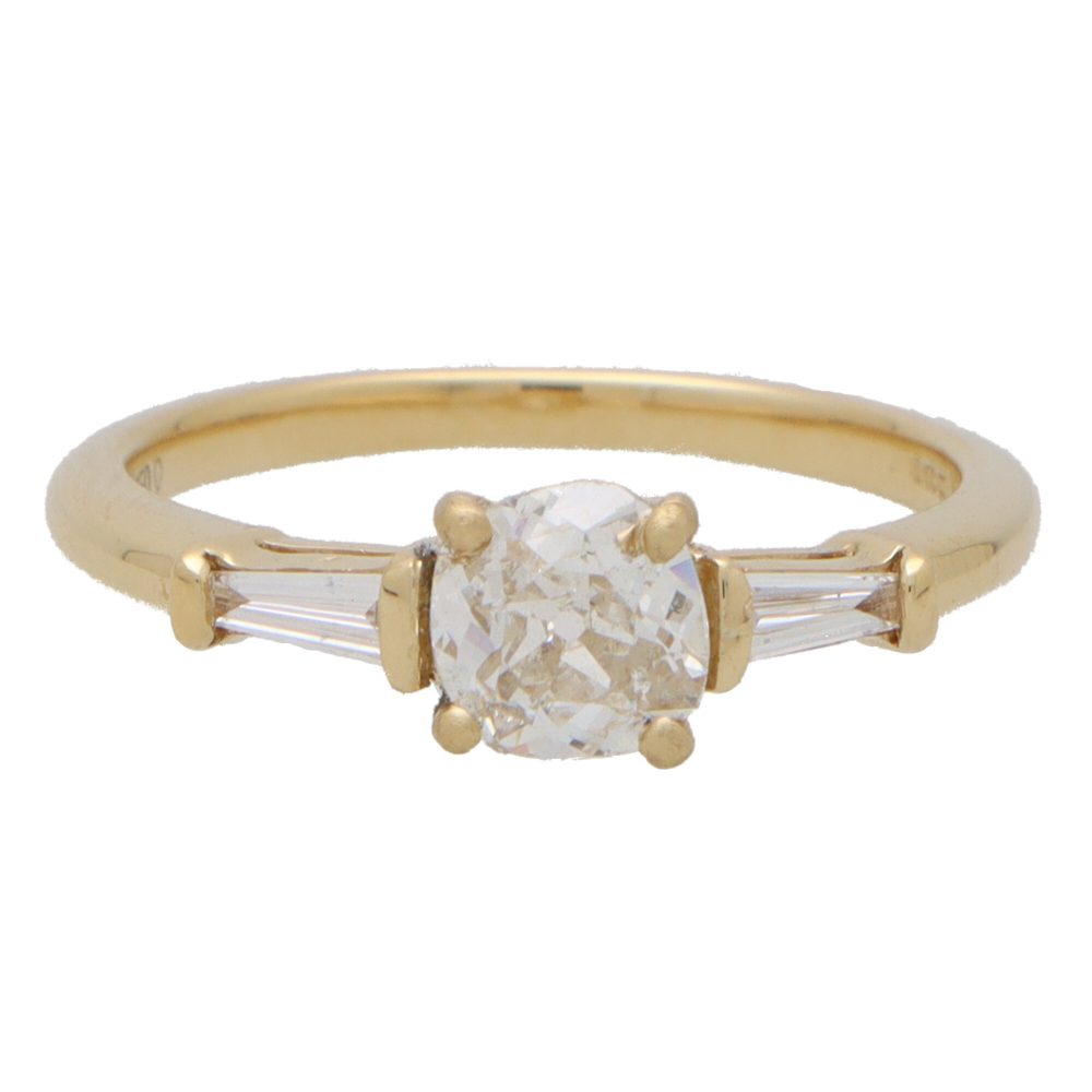 0.65ct Vintage Old Mine Cut Diamond Three Stone Ring with Tapered Baguette Shoulders