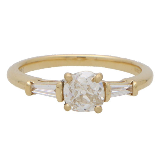 0.65ct Vintage Old Mine Cut Diamond Three Stone Ring with Tapered Baguette Shoulders