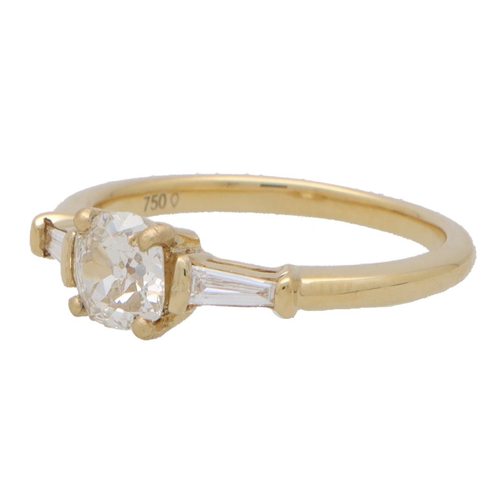 0.65ct Vintage Old Mine Cut Diamond Three Stone Ring with Tapered Baguette Shoulders