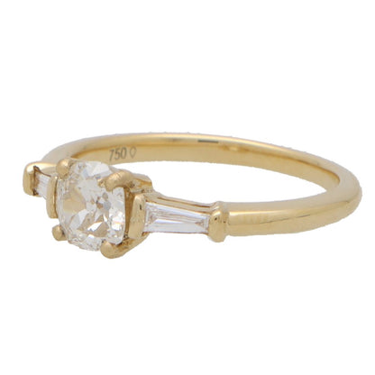 0.65ct Vintage Old Mine Cut Diamond Three Stone Ring with Tapered Baguette Shoulders