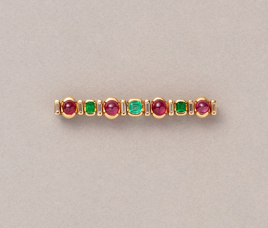 Vintage Trudel 18ct Gold Bar Brooch with Rubies, Diamonds & Emeralds