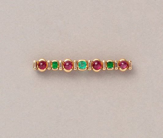Vintage Trudel 18ct Gold Bar Brooch with Rubies, Diamonds & Emeralds
