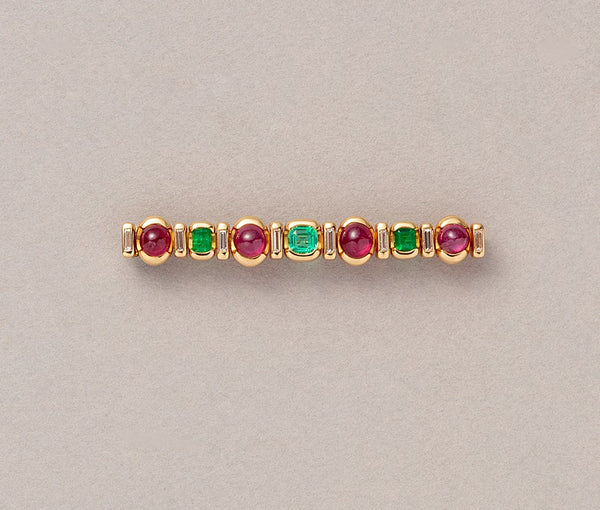 Vintage Trudel 18ct Gold Bar Brooch with Rubies, Diamonds & Emeralds