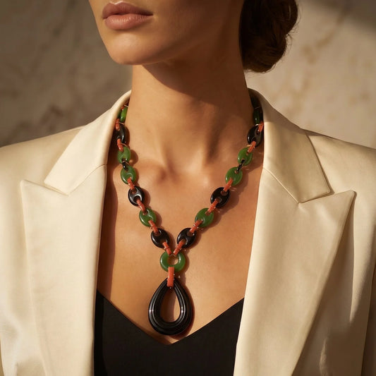 Vintage 18KT Gold Jade, Onyx and Coral Necklace