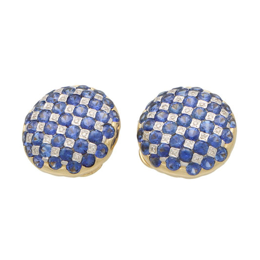 Vintage Sapphire and Diamond Checkerboard Earrings in 18ct Yellow Gold