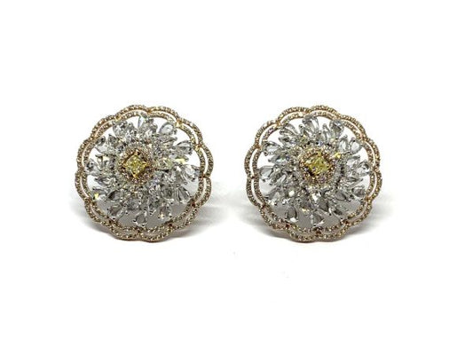 Pair of Fancy Yellow Diamond Floral Cluster Earrings, 6.19 carat total