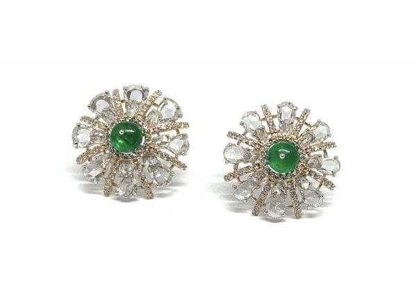 Pair of Emerald and Diamond Starburst Cluster Earrings, 6.15 carat total