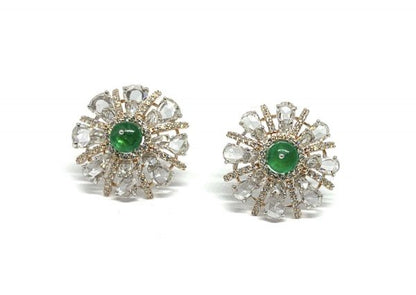 Pair of Emerald and Diamond Starburst Cluster Earrings, 6.15 carat total