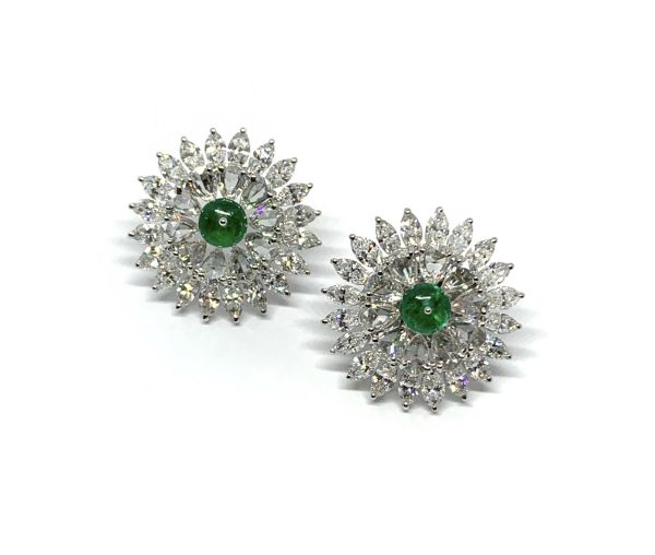 Pair of Emerald and Diamond Cluster Earrings, 7.27 carat total