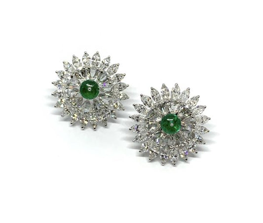 Pair of Emerald and Diamond Cluster Earrings, 7.27 carat total