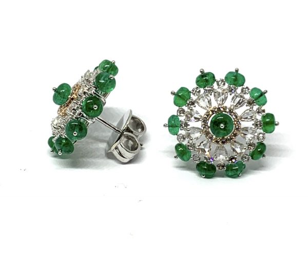 Pair of Emerald and Diamond Cluster Earrings, 9.13 carat total