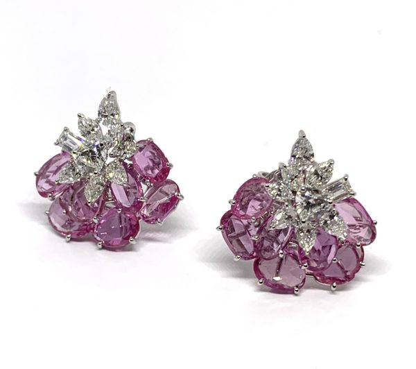 Pink Sapphire and Diamond Cluster Earrings, 14.69 carat total