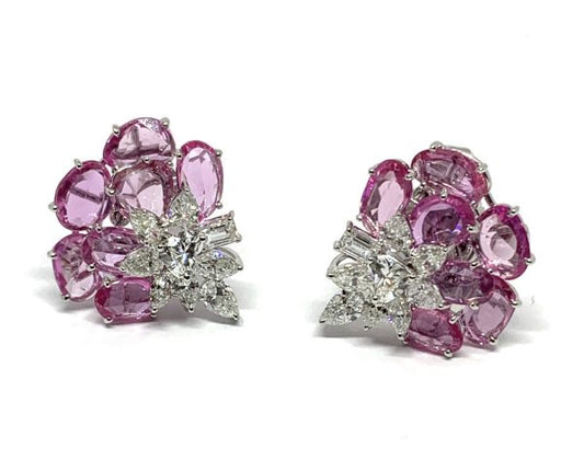 Pink Sapphire and Diamond Cluster Earrings, 14.69 carat total