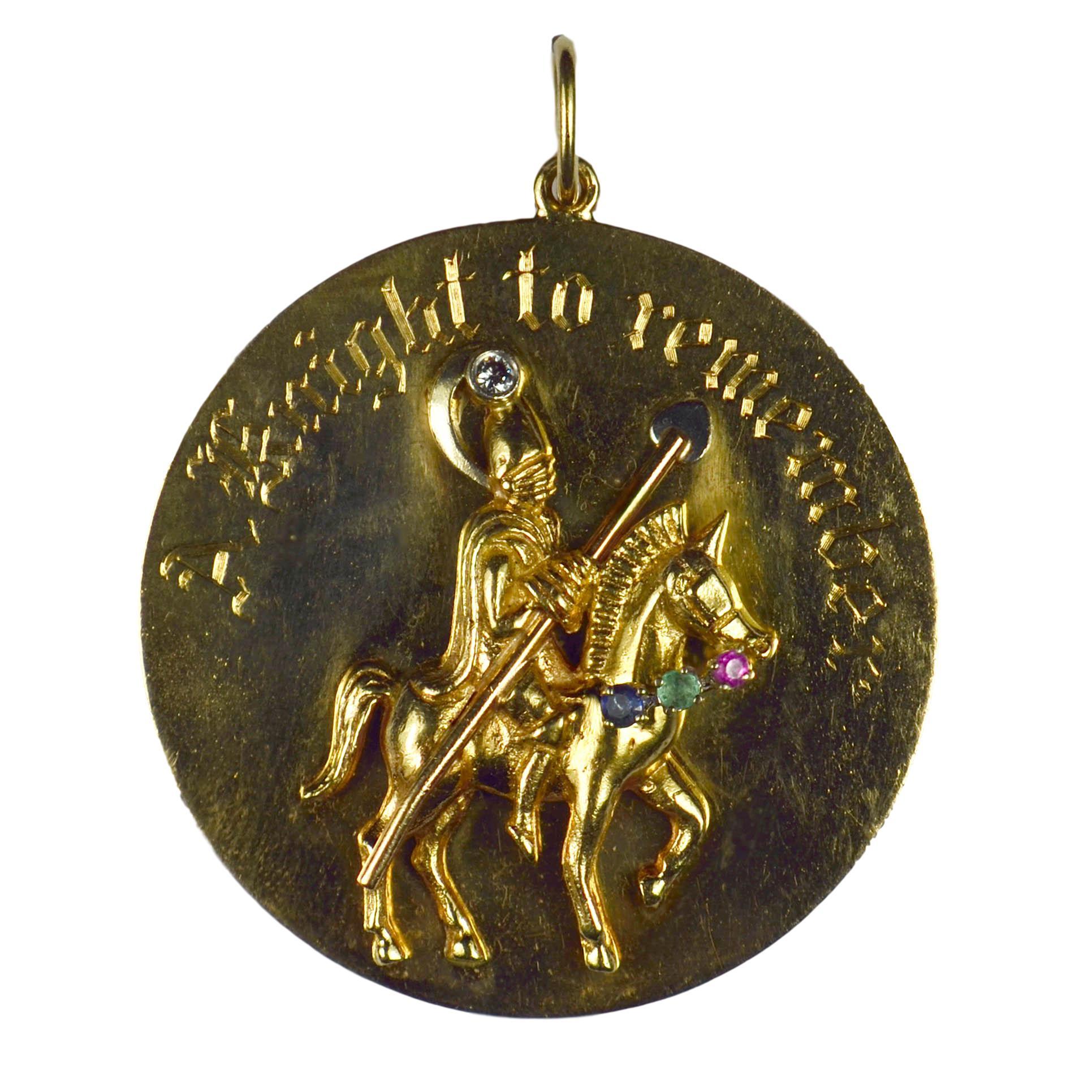 Yellow Gold Gem Set Knight To Remember Medallion Charm Pendant
