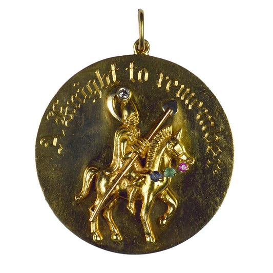 Yellow Gold Gem Set Knight To Remember Medallion Charm Pendant