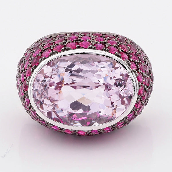 18cts Kunzite and Natural Ruby Bombe Cocktail Ring in 18ct White Gold