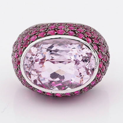 18cts Kunzite and Natural Ruby Bombe Cocktail Ring in 18ct White Gold