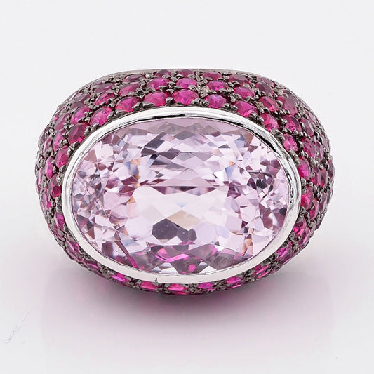 18cts Kunzite and Natural Ruby Bombe Cocktail Ring in 18ct White Gold