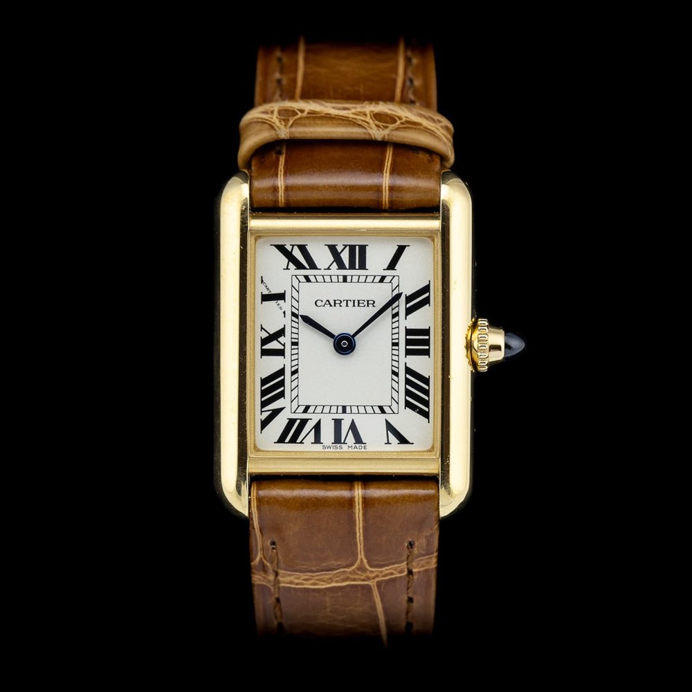 Ladies Cartier Tank Louis Cartier W1529856 2442 18ct Yellow Gold 22 x 30mm Quartz Watch on brown Alligator skin strap with Cartier yellow gold pin buckle