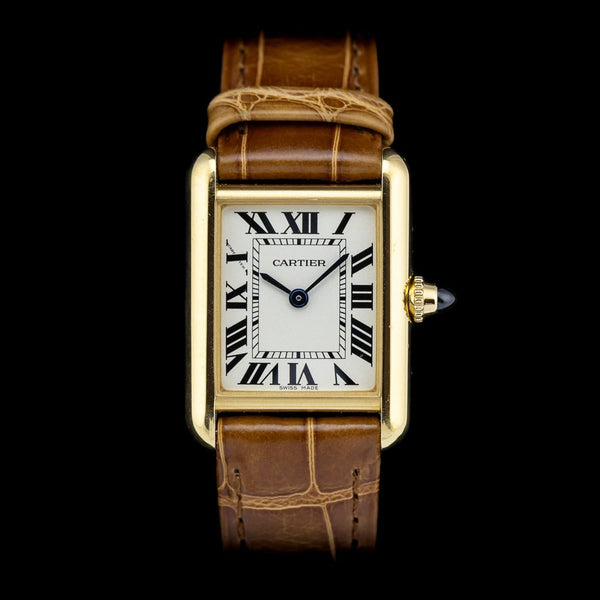 Ladies Cartier Tank Louis Cartier W1529856 2442 18ct Yellow Gold 22 x 30mm Quartz Watch on brown Alligator skin strap with Cartier yellow gold pin buckle