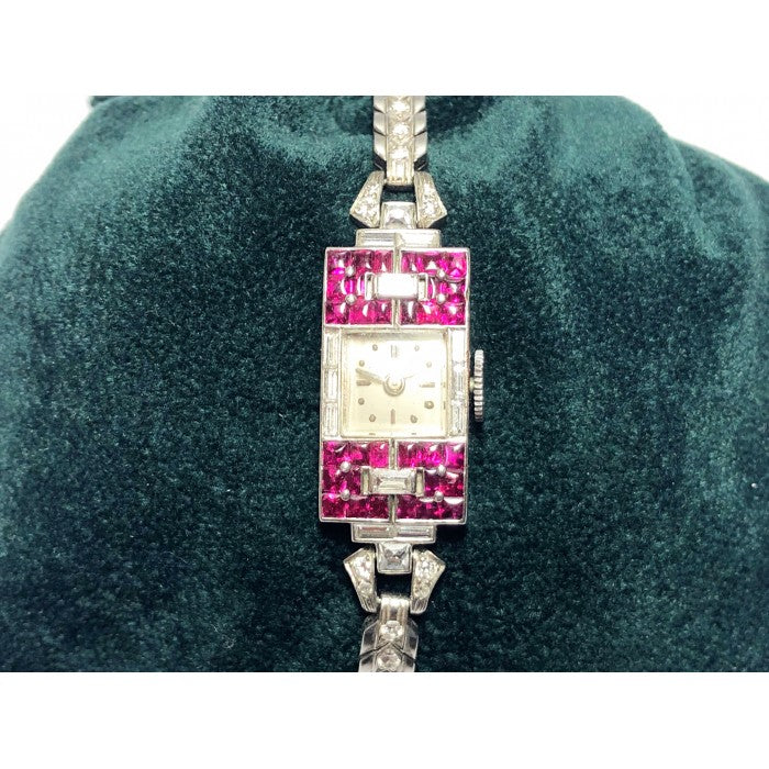 Ladies Platinum Diamond Ruby Art Deco Cocktail Wristwatch