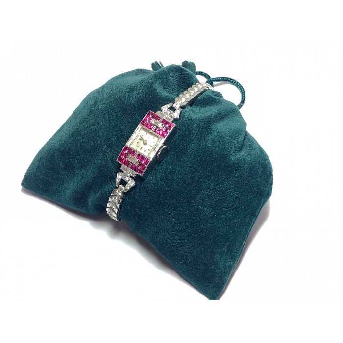 Ladies Platinum Diamond Ruby Art Deco Cocktail Wristwatch