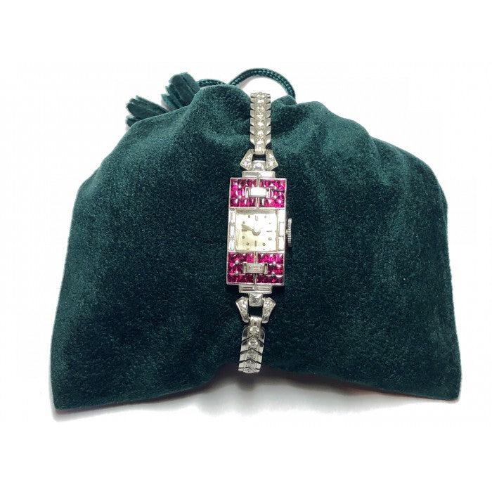 Ladies Platinum Diamond Ruby Art Deco Cocktail Wristwatch