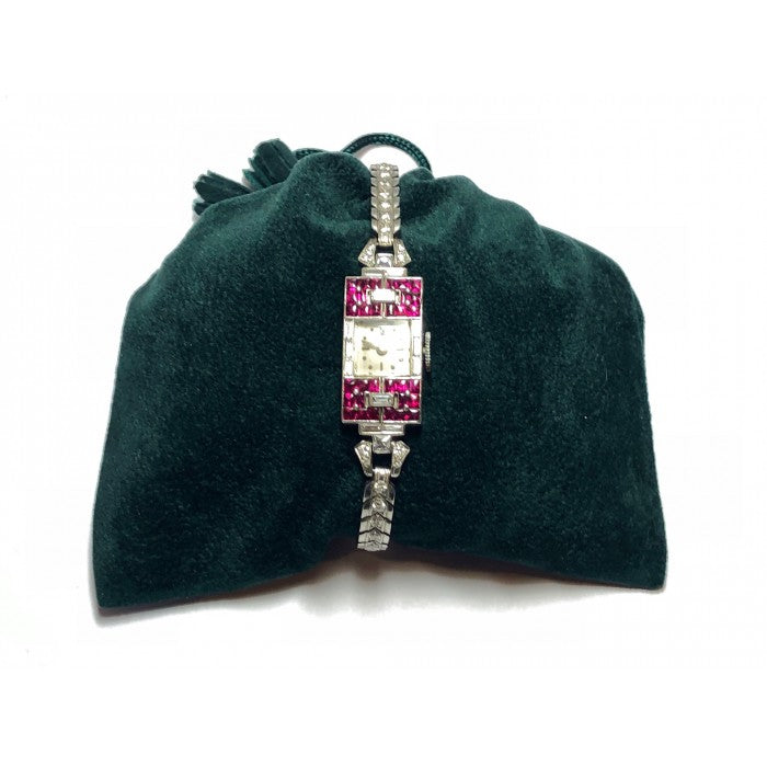 Ladies Platinum Diamond Ruby Art Deco Cocktail Wristwatch
