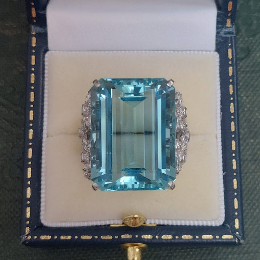Large 30ct Aquamarine Ring with Diamonds