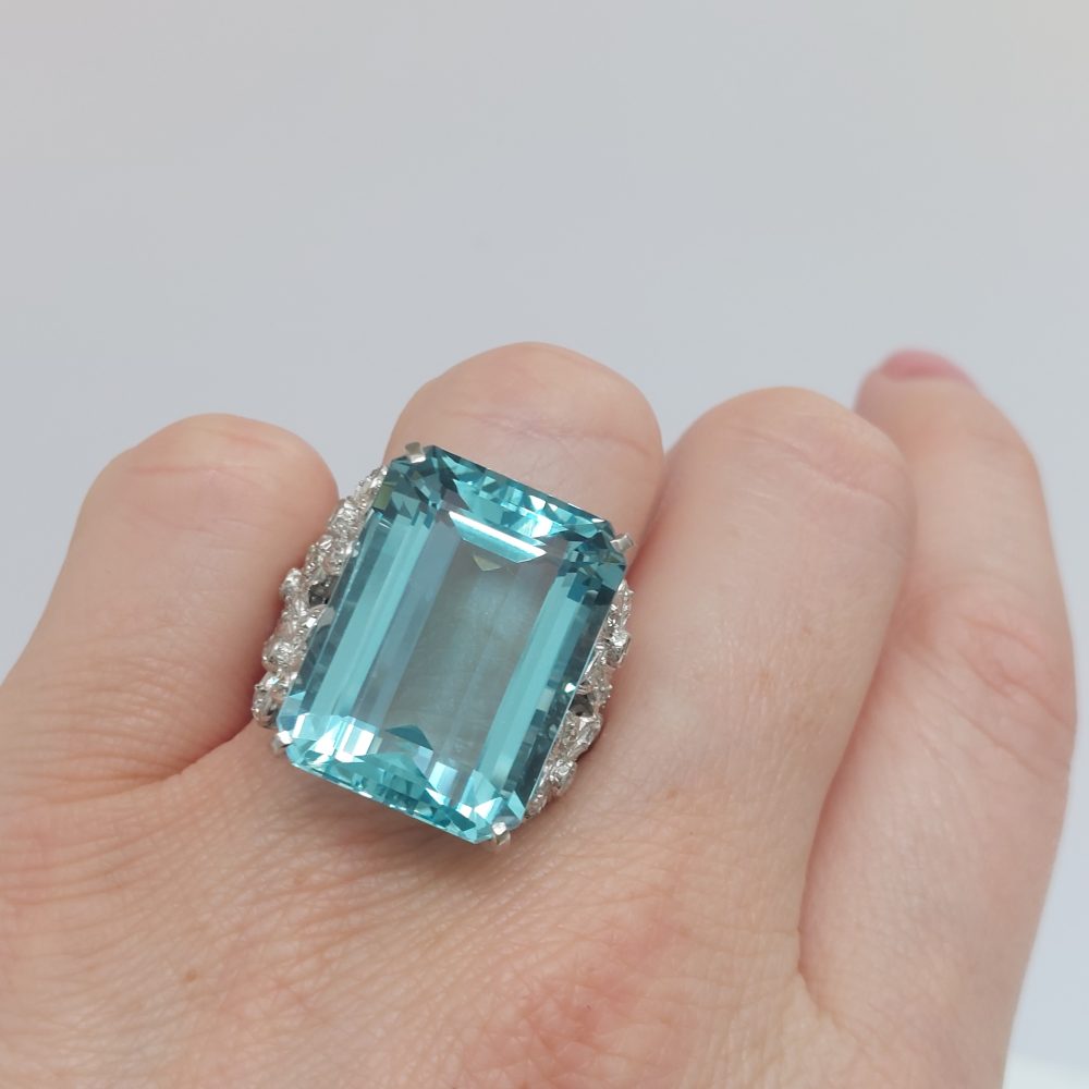 Large 30ct Aquamarine Ring with Diamonds