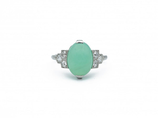 Late Art Deco Chrysoprase and Old Cut Diamond Ring