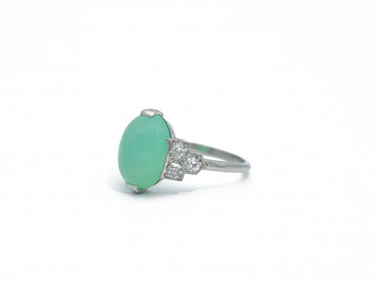 Late Art Deco Chrysoprase and Old Cut Diamond Ring