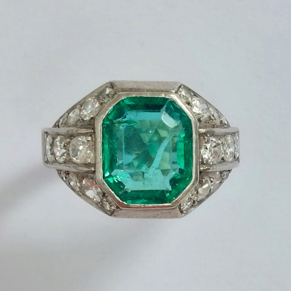 Late Art Deco Emerald and Diamond Ring