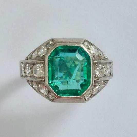 Late Art Deco Emerald and Diamond Ring