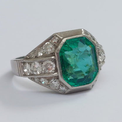 Late Art Deco Emerald and Diamond Ring