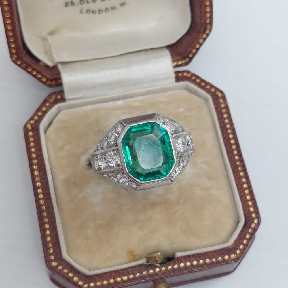 Late Art Deco Emerald and Diamond Ring