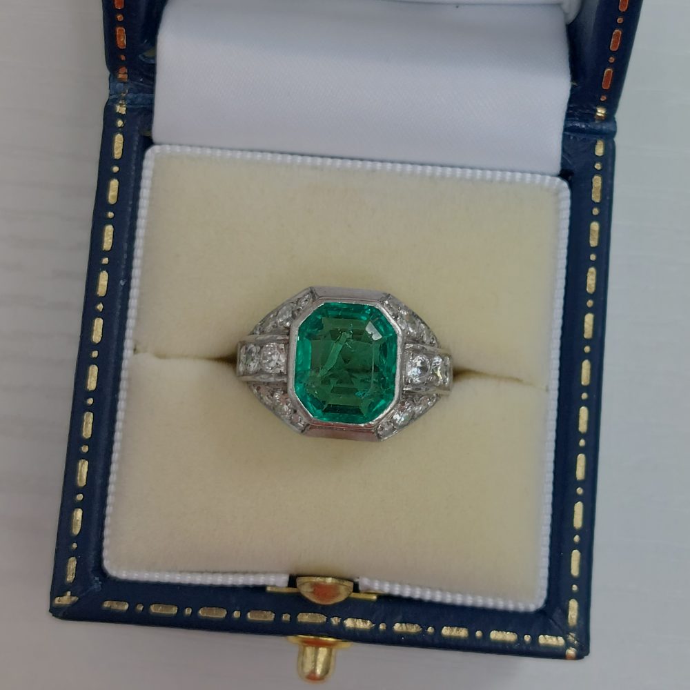 Late Art Deco Emerald and Diamond Ring